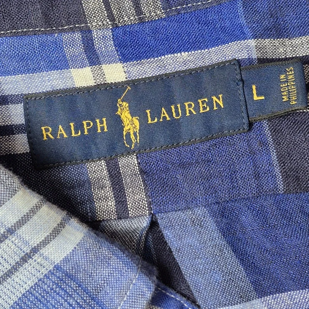Ralph Lauren Men's L‎ Linen Plaid Button Down Shirt Blue Preppy